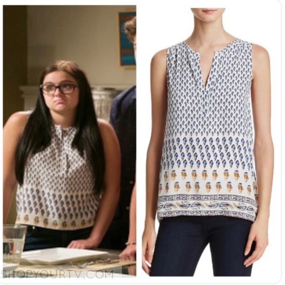 Joie Blue Cream Feather Print Sleeveless Split Neck Blouse Modern Family Alex